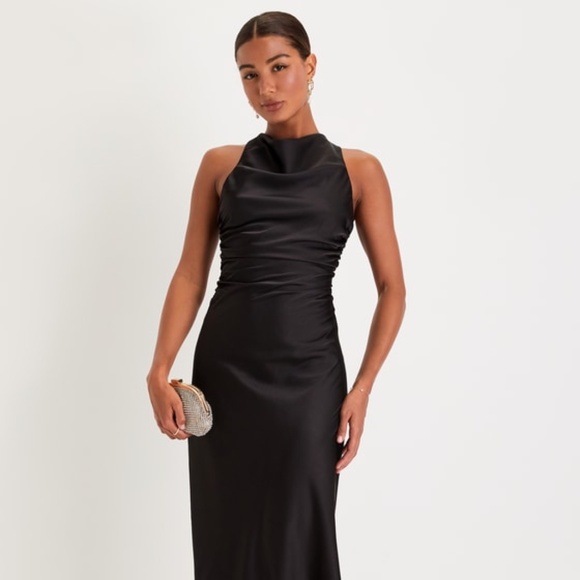 Lulus Effortlessly Sensational Black Satin Backless Maxi Dress - Size S - Picture 1 of 3